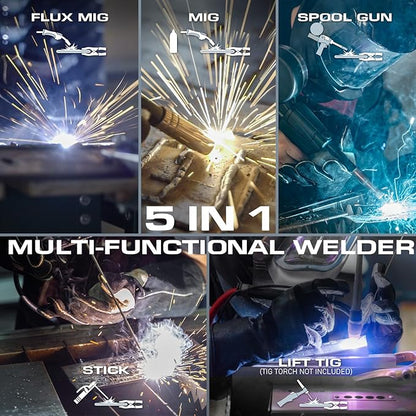 MIG Welder, 200A Duo Voltage 5 in 1 Aluminum MIG Welding Machine, MIG/Flux Core/Spool Gun/Lift TIG/Stick, IGBT Inverter Welder Synergic Control, Digital Display (NEW VERSION)