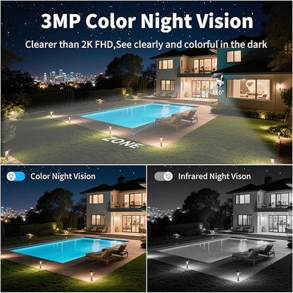 Solar Security Wireless Camera 3MP 360° View Solar Battery Powered WiFi Camera AI Motion Detection/2-Way Talk/Spotlight/Siren/IP65/Cloud/Up to 512G SD Storage( About 180 Days Storage SD Card Included)