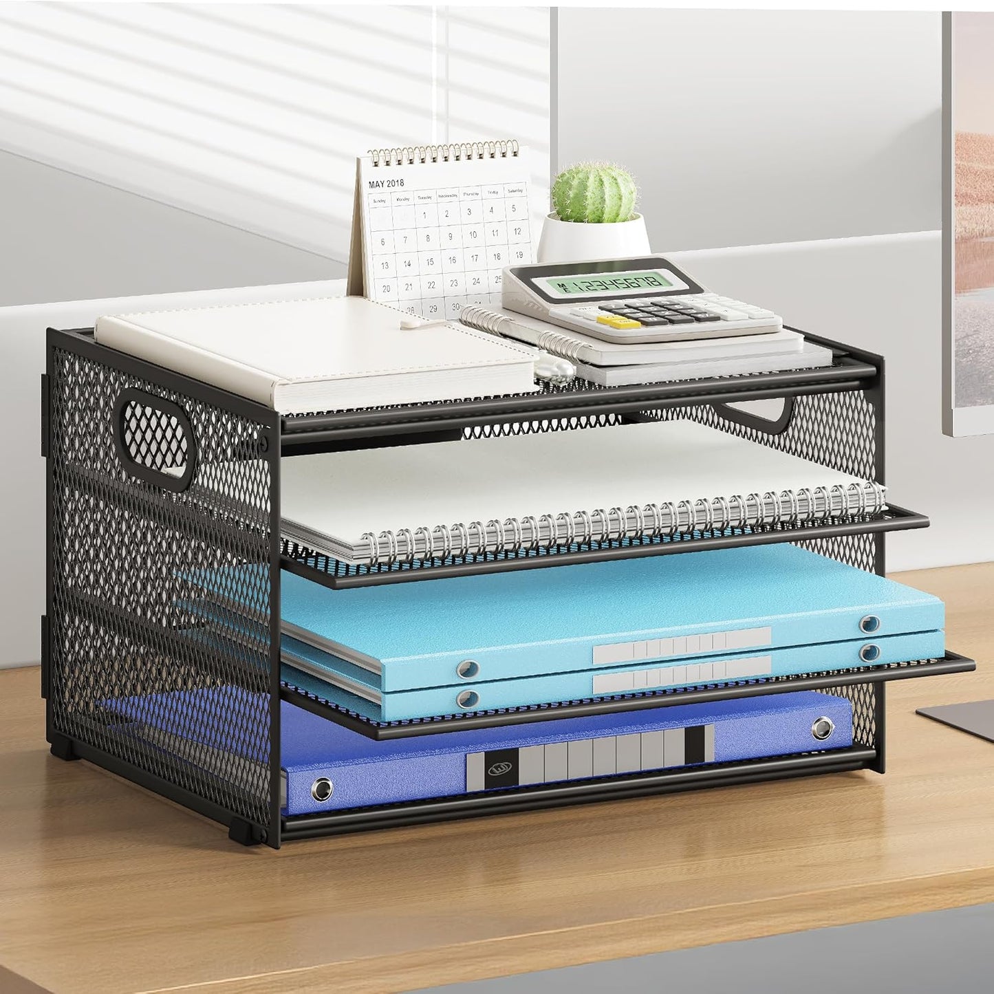 Subekyu Paper Letter Tray Organizer for Desk, Black Metal Mesh Desk File Sorter Organizer with Handle and 2 Sliding Trays for Home Office School Supplies Organization