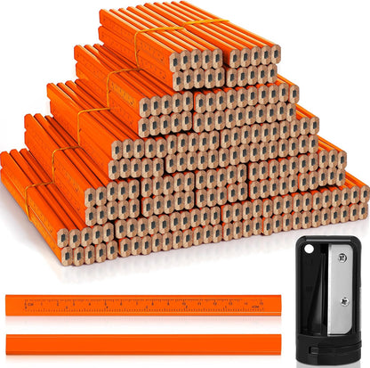 Honoson 200 Pcs Flat Construction Pencils with Printed Ruler Wood Graphite 2 Pcs Carpenter Pencil Sharpener for Woodworking Marking Tool(Orange)