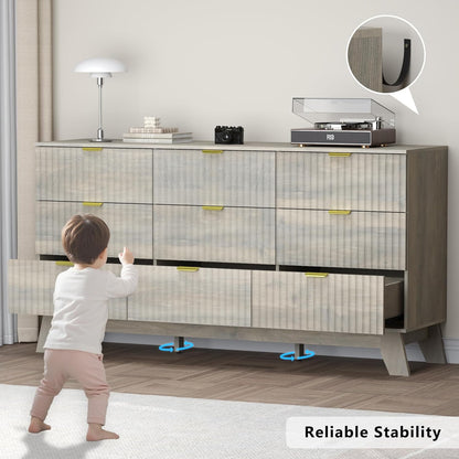 Fluted 9 Drawer Dresser, 57.1" Wide Modern Boho Chest of Drawers, Wooden Storage Dresser TV Stand for Bedroom, Living Room, Closet, Hallway, Curved Profile Design