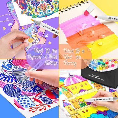 Caliart Alcohol Brush Markers, 121 Colors Dual Tip Artist Brush & Chisel Tip Sketch Art Markers, Aesthetic Cute Preppy Stuff School Supplies, Pens for Lettering Cards Drawing Mothers Day Gift for Mom