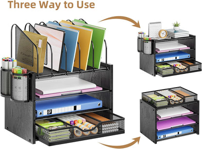 Marbrasse Desk organizer with Drawer, 4-Tier Wooden File Organizer with 5 Vertical File Holders and 2 Pen Holders, Desk Organizers and Accessories for Home Office - Black