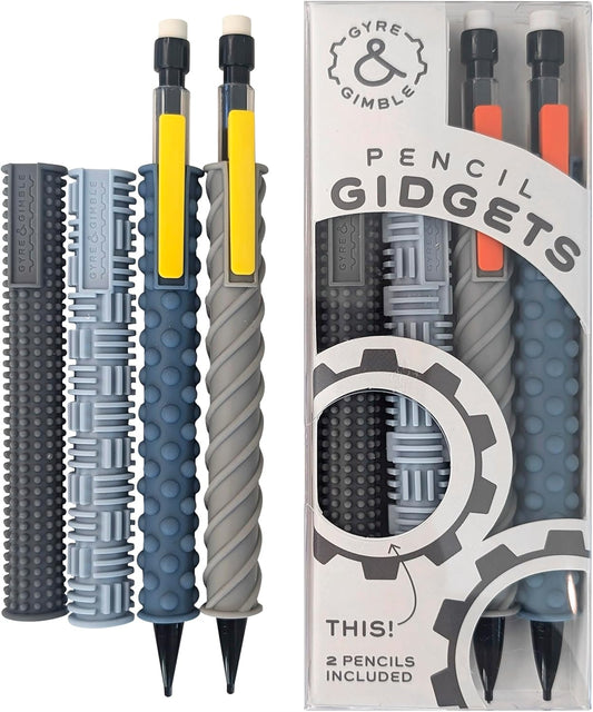 Gyre & Gimble Pencil Gidgets – Textured Silicone Pencil Sleeve for Quiet Fidgeting – Transform Your Mechanical Pencil into a Sensory ADHD Tool for Kids and Adults – 4 Sleeves & 2 Pencils - Gray