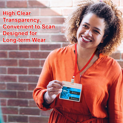 Marspark 100 Sets Clear Name Tags with Lanyard, Lanyards for ID Badges Reusable Strap with ID Holder Plastic Name Badges for Adults Business School Church Conference (Red)