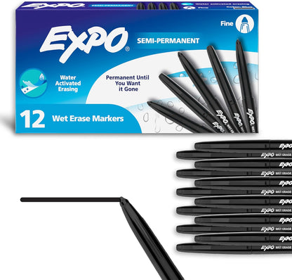EXPO Wet Erase Markers, Semi-Permanent Markers, Black, Fine Tip, 12 Count