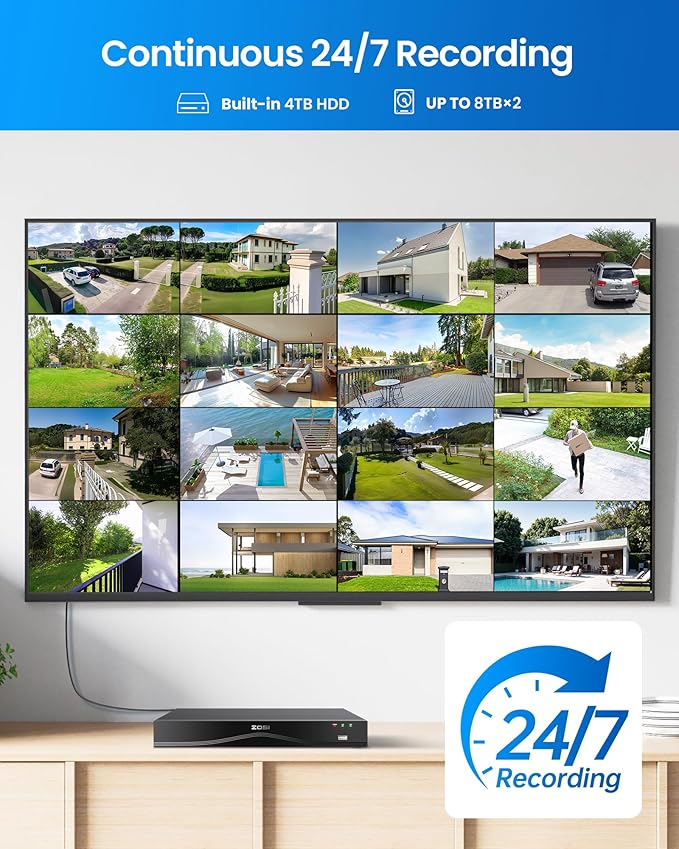 ZOSI 4K 16CH PoE NVR Security Camera System, 12 x 8MP PoE IP Camera Outdoor Indoor with AI Human Vehicle Detection, Night Vision, IP66 Weatherproof, 4K 16CH NVR with 4TB HDD for 24/7 Recording