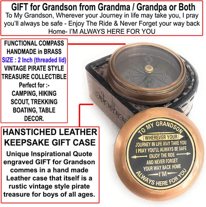 Gift for Grandson Brass Compass Engraved Quote | Memory Present to My Grandson Birthday, Baptism, Graduation, Confirmation, Love, Gift idea by Grandpa Grandma