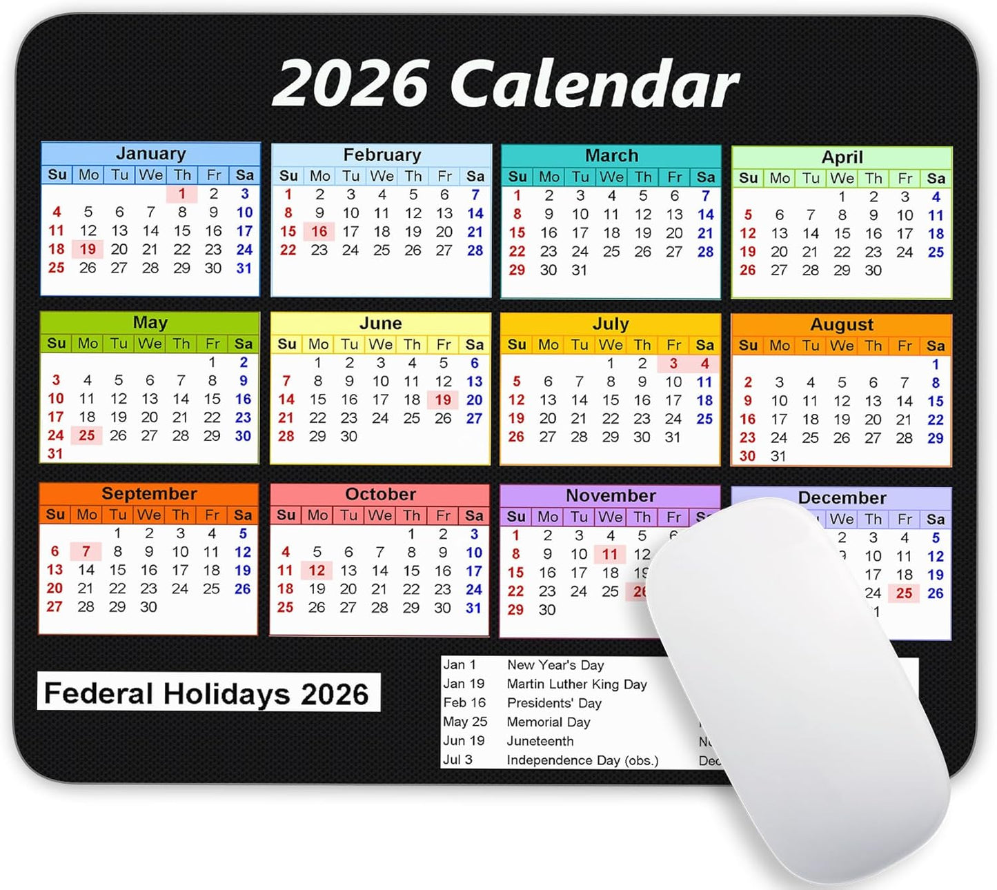 2026 Color Calendar and Holiday Horizontal Edition Calendar Mouse pad, Non-Slip Rubber Base Quality Creative Gaming Rectangle Personalized Desk Mouse Pad 9.5 inch x 7.9 inch