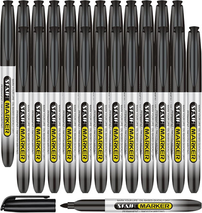 SFAIH Black Permanent Markers Bulk - 24 Pack, 1s Quick Dry, Non-Fading, Fine Point Permanent Pens for Plastic Glass Metal Wood Paper Stone, Office Classroom Kitchen, Doodling, Marking, Waterproof