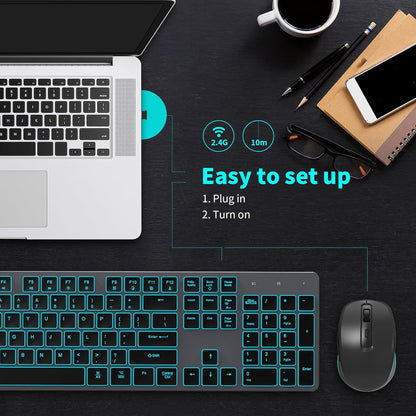 Backlit Wireless Keyboard and Mouse, Rechargeable Quiet Wireless Keyboard Mouse Combo, Jiggle Mouse, 2.4G Cordless USB Keyboard Slim Full Size for Apple iMac, MacBook, laptop and PC, Space Gray