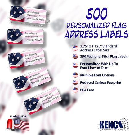Customized Personalized Address Labels - Made in The USA by Kenco (500 Labels, American Flag)