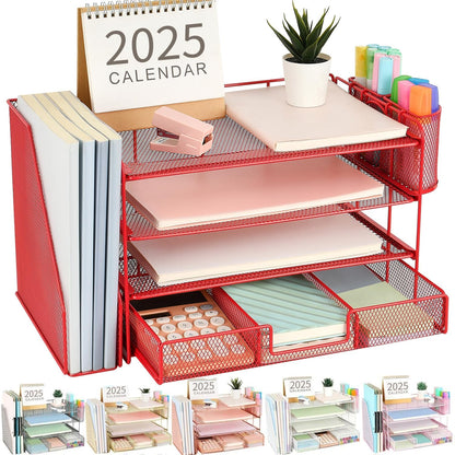 gianotter Paper Letter Tray Organizer with File Holder, 4-Tier Desk Accessories & Workspace Organizers with Drawer and 2 Pen Holder, Desk Organizers and Accessories for Office Supplies (Red)