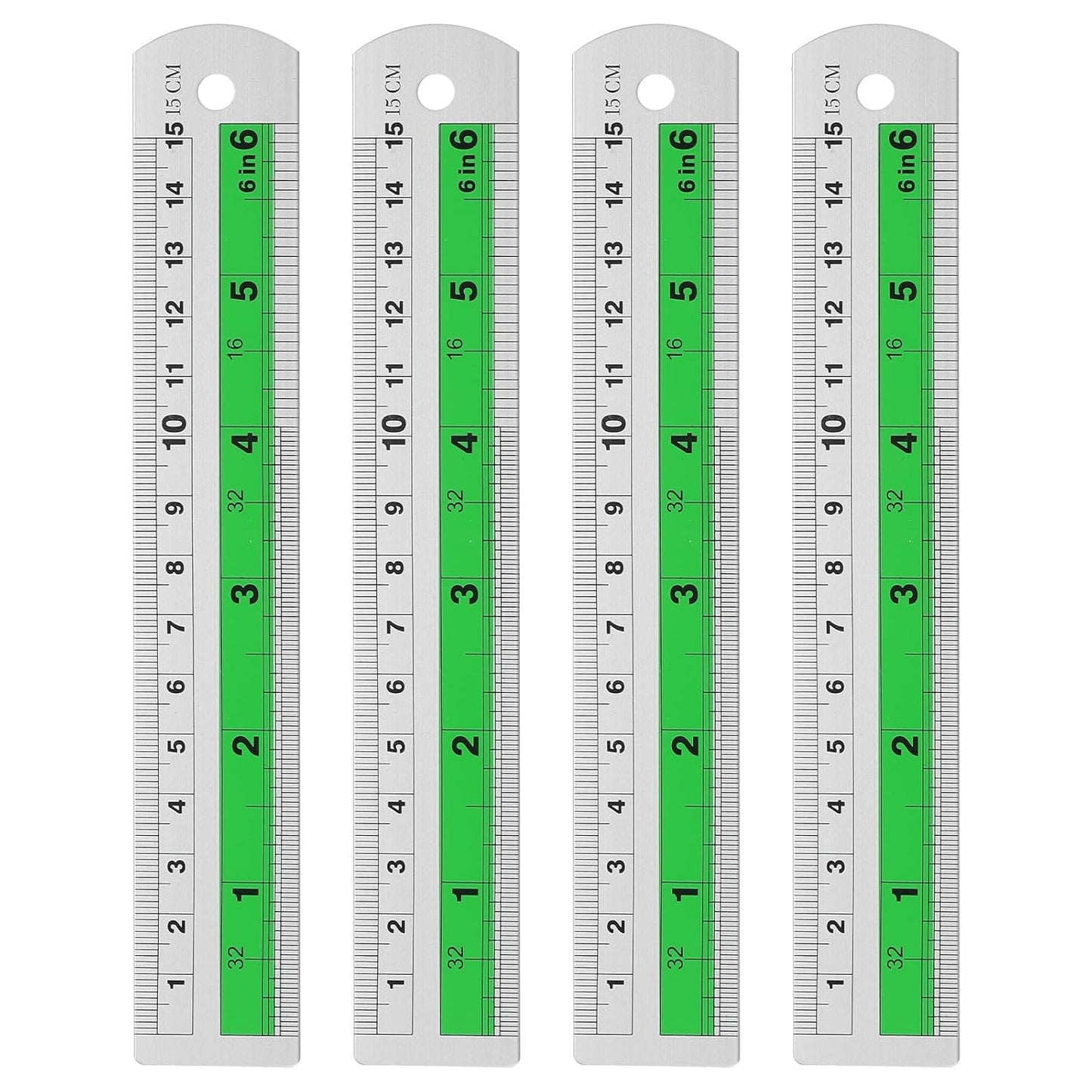 HARFINGTON 4pcs Metal Straight Ruler 15cm Metric SAE Aluminum Alloy Measuring Rulers Scale Tool with Hole for Measure Study Reading Classroom Office, Green