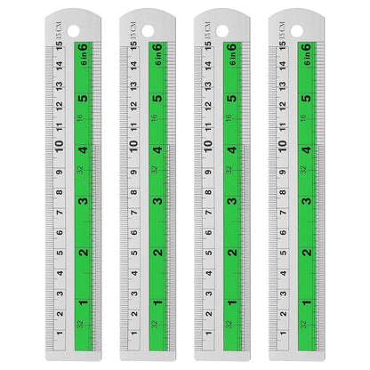 HARFINGTON 4pcs Metal Straight Ruler 15cm Metric SAE Aluminum Alloy Measuring Rulers Scale Tool with Hole for Measure Study Reading Classroom Office, Green