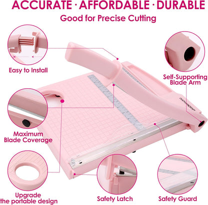 Paper Cutter Trimmer for Office&Crafts, Heavy Duty Guillotine Paper Trimmer with Portable Base Design/Safety Protection and Blade Lock, Paper Cutter 12 Sheets, Cardstock/Laminate (Pink)