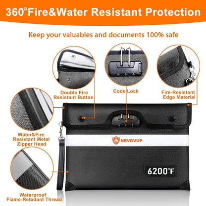 6200°F Upgraded Fireproof Money Bag with Lock, Fireproof Bag for A5 Documents w. Zipper/Reflective Strip, 9 Layers of Heat Insulated Materials, Water Resistant Fire Proof Money Bags for Cash,Valuables