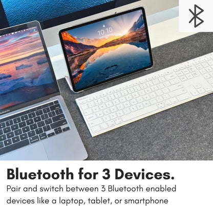 Macally Wireless Bluetooth Keyboard for Mac - Compatible Apple Keyboard or MacBook Pro/Air, iMac - Multi-Device, Up to 3 Devices with 110 Keys, 20 Shortcuts, Numeric Keypad, and Rechargeable - White