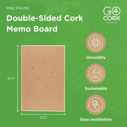 Go4Cork Framed Cork Bulletin Board - 35.4”x 23.6” | Premium Double-Sided Pine Frame Eco Cork Memoboard | Office, Home & Classroom Organization Decor | Pushpins & Set Up Accessories Included
