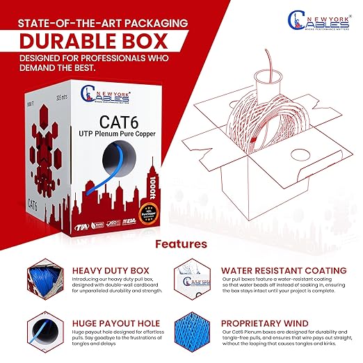 NewYork Cables CAT6 Plenum Cable 1000ft | 100% Solid Bare Copper, UTP, 550MHz, 23AWG, 4Pair 10GB Ethernet Cable, Certified CMP-Rated Bulk Cat 6 Cable for Networking & Gaming (1000ft, Pure Copper,Red)