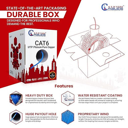 NewYork Cables CAT6 Plenum Cable 1000ft | 100% Solid Bare Copper, UTP, 550MHz, 23AWG, 4Pair 10GB Ethernet Cable, Certified CMP-Rated Bulk Cat 6 Cable for Networking & Gaming (1000ft, Pure Copper,Red)