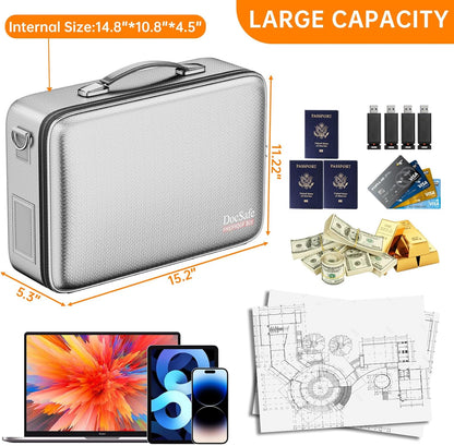 DocSafe Fireproof Document Box with Lock＆Shoulder Strap,Hard Case File Organizer with Accordion File Folder,Multi-Layer Portable Home Office Travel Safe Storage for Important Documents Laptop Silver