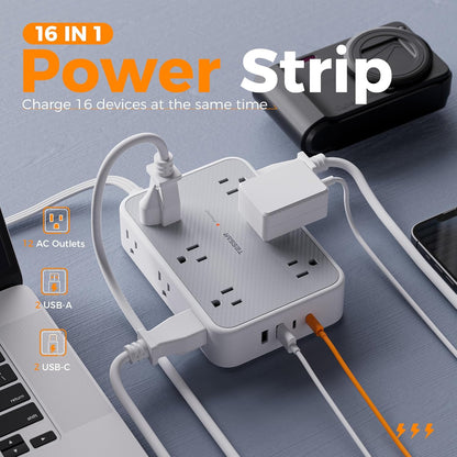 TESSAN 15 ft Extension Cord Surge Protector Power Strip, 12 Outlet Extender with 4 USB (2 USB C), 1800 Joules Protection, Flat Plug, Flat Extension Cord with Multiple Outlets, for Home, Office, Dorm