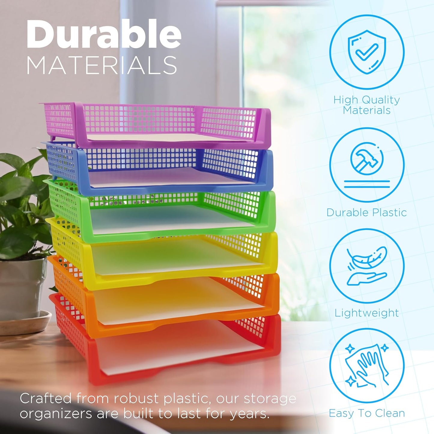 4E's Novelty 6 Colorful Plastic Trays for Teachers, Durable Turn in Trays, Classroom Paper Organizers, Stackable Storage Baskets for Office Desk, Classroom Organization Supplies, 13.3"L x 9.2"W x 3"H