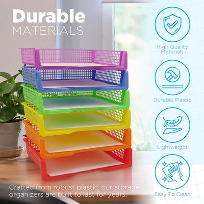 4E's Novelty 6 Colorful Plastic Trays for Teachers, Durable Turn in Trays, Classroom Paper Organizers, Stackable Storage Baskets for Office Desk, Classroom Organization Supplies, 13.3"L x 9.2"W x 3"H