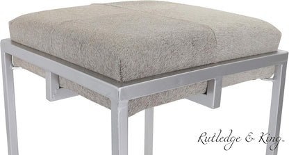 Rutledge & King Cowhide Ottoman/Vanity Stool - Square Ottoman Stool - White Ottoman/Grey Ottoman Foot Rest - Cowhide Grey & White Stool - Gold Stool - Cow Ottoman - Cow Fur Stool (Silver)