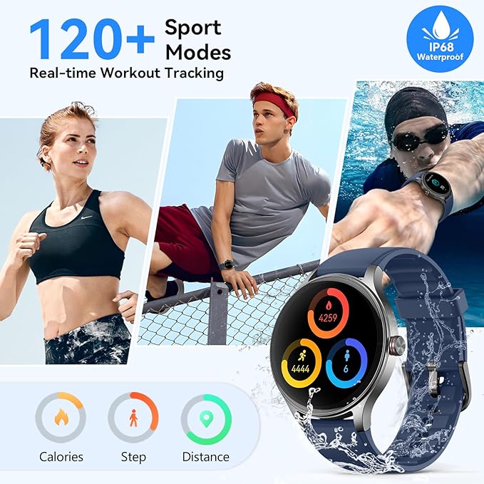 Fitpolo Smart Watches for Men/Women, 1.27" Round Smartwatch Fitness Tracker with Bluetooth Calls (Make/Answer), Heart Rate/SpO2/Sleep Monitor, 12 Days Battery, IP68 Waterproof - Blue