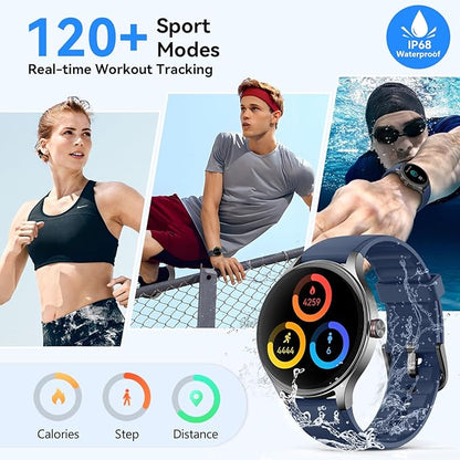 Fitpolo Smart Watches for Men/Women, 1.27" Round Smartwatch Fitness Tracker with Bluetooth Calls (Make/Answer), Heart Rate/SpO2/Sleep Monitor, 12 Days Battery, IP68 Waterproof - Blue
