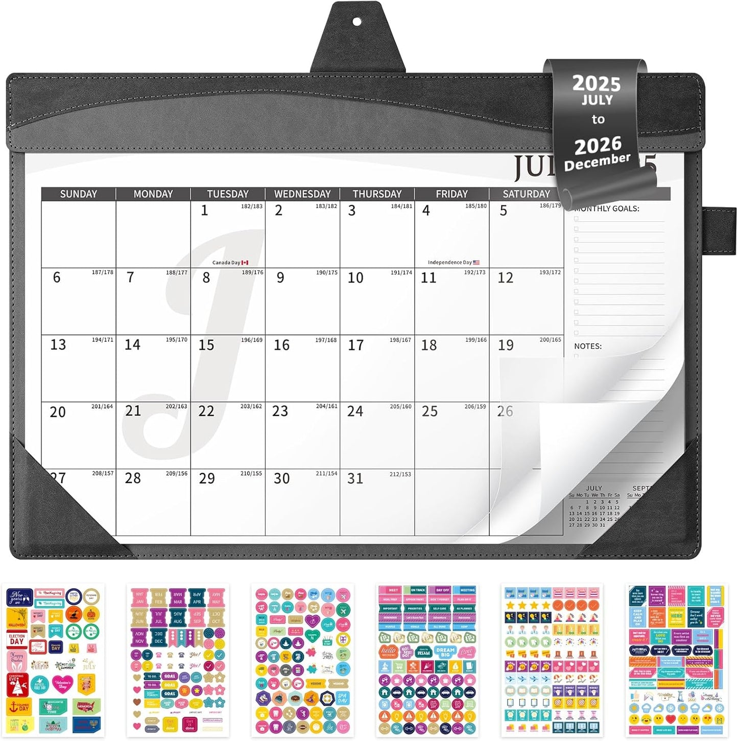Ospelelf Desk Calendar 2025-2026 Large 12"x17" Leather Monthly Planner Pad with Protective Cover 18 Months July 2025 to Dec 2026 Black Gray