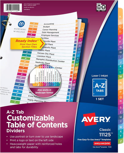 Avery A-Z Tab Dividers for 3 Ring Binder, Customizable Table of Contents, Multicolor, 1 Set (11125)
