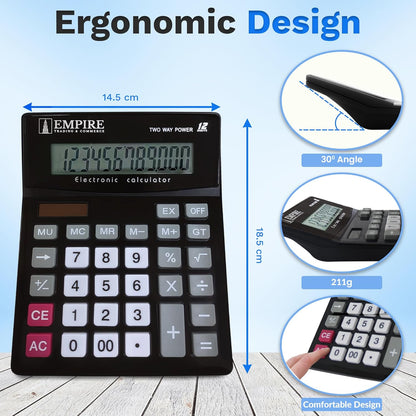 Empire Desk Calculator with Large Key Buttons, 12 Digits, Large Eye-Angled Display, Solar and Battery Powered for Home and Office (Battery Included)