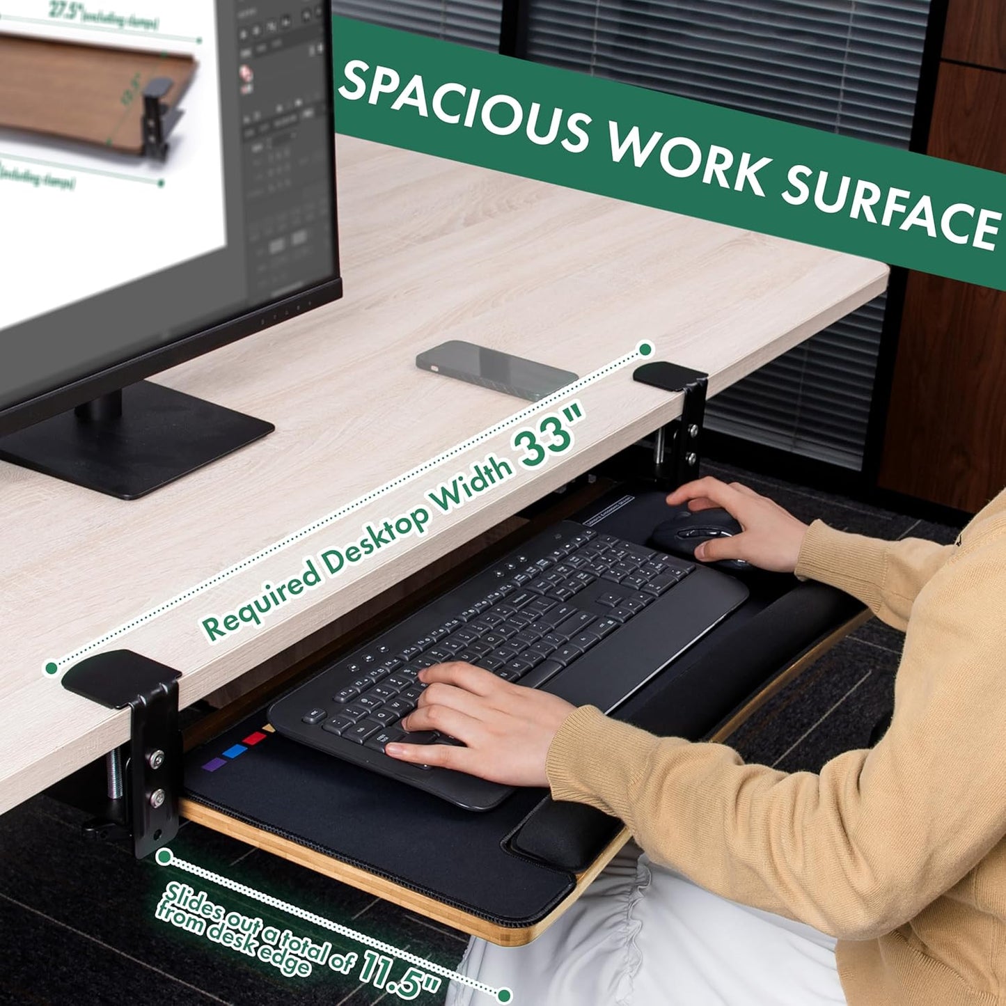 D'vine Dev Under Desk Keyboard Tray with Wrist Rest Bamboo Wood Keyboard Drawer and Mouse Pad, Original Wood, KBT-1