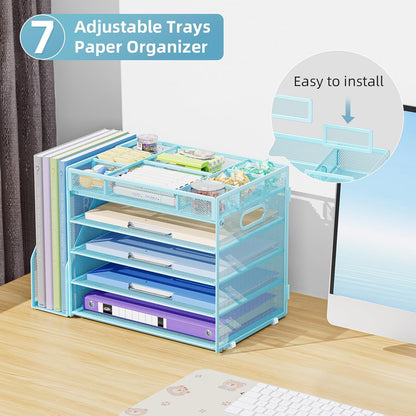 Marbrasse 5-Tier Desk Organizer with File Holder,Paper Letter Tray Organizer,Desktop File Organizer with Adjustable Compartments,Mesh Desk Organizers and Accessories for Office Supplies,Blue