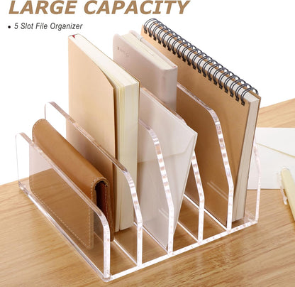 SANRUI Acrylic Desk Mail Organizer Sorters, Clear 5 Upright Compartments Laddered Desktop File Letter Holder, Multifunction Envelope Vertical Folder Racks Document Holders for Office, Home, School