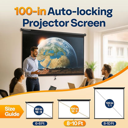 VIVOHOME 100 Inch 16:9 Pull Down Projector Screen, HD 4K Retractable Movie Screen for Indoor Home Theater and Office, Manual Projection Screen with Auto Locking (87W x 49H Inch Display Area)