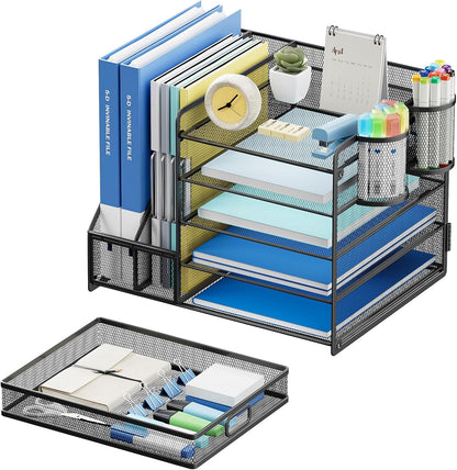 Lavatino Desk Organizer with File Holder, 5-Tier Paper Letter Tray Organizer with Sliding Drawer and 2 Pen Holder, Mesh Desktop File Organizer for Office Supplies (Black)