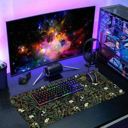 Black Aesthetic Vintage Botanical Gaming Mouse Pad Large XL Cute Forest Green Plant Nature Floral Extended Large Big Mousepad Non-Slip Stitched Edge Long Mat for Desk Computer,24x14 Inch,60x35 CM