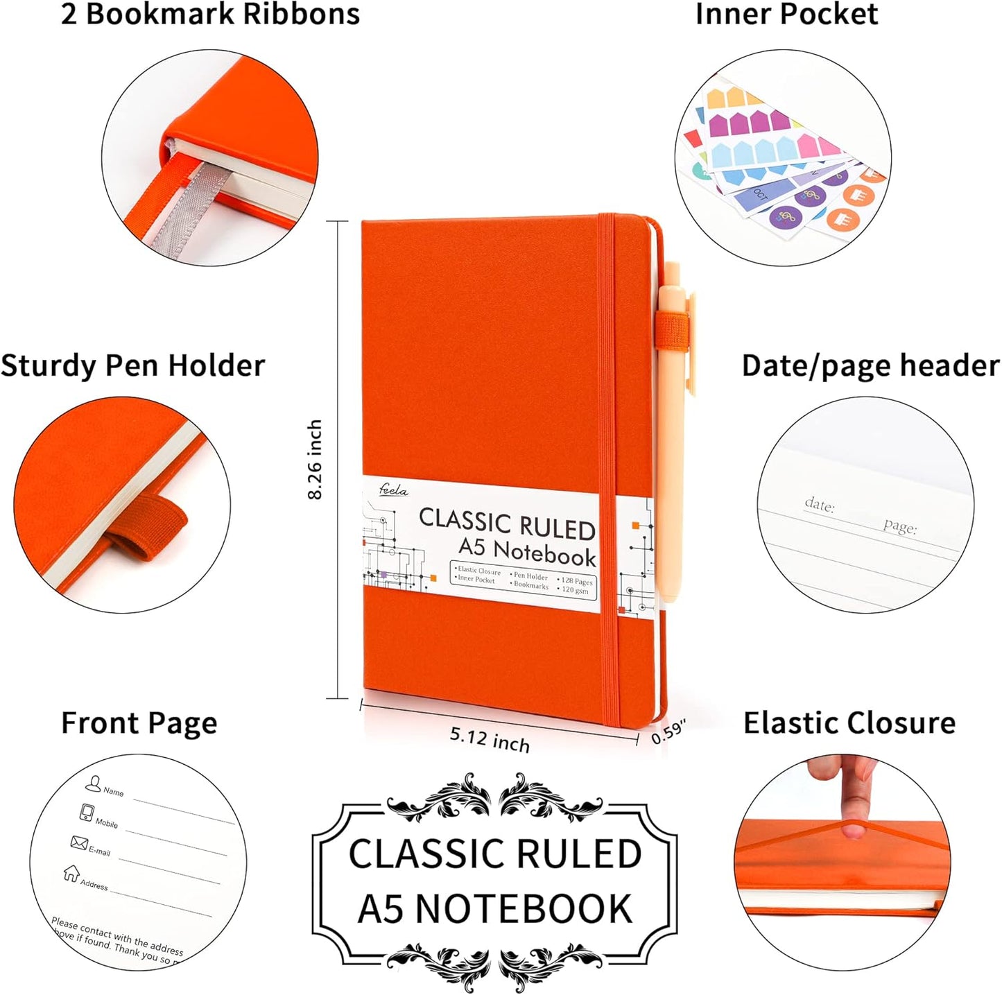 12 Pack Notebooks Journals Bulk with 12 Black Pens, Feela A5 Hardcover Notebook Classic Ruled Journal Set with Pen Holder for School Business Work Travel Writing, 120 GSM, 5.1”x8.3”, Orange