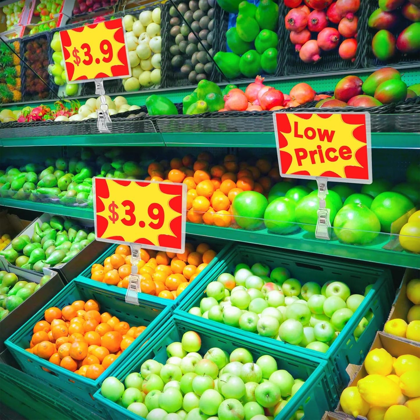 Epakh 20 Pieces Sign Clips Rotating Price Tag Clip Swivel Sign Holder for Handrails or Tubes with 20 Pieces Hard Card Sleeves PVC Card Protector for Shelves Store Supermarket(Double Sided Clips Style)