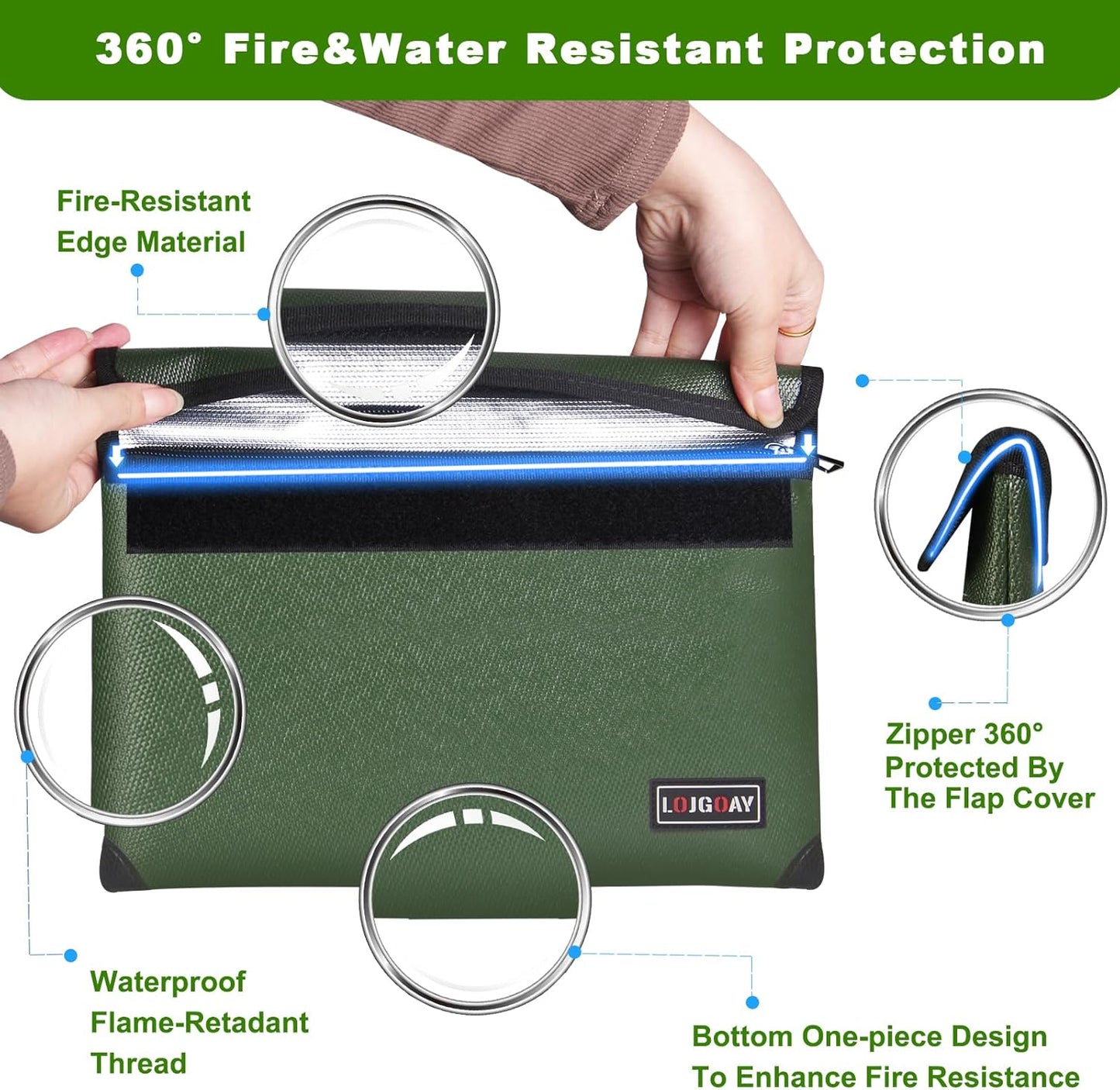 Waterproof Fireproof Document Bag - 5200°F with Heat Insulated, fireproof bags with Zipper, Fire Safe Envelope Bag for Cash/Important Documents/Valuables, fire proof money bag (Green, 13.9"x10.6")