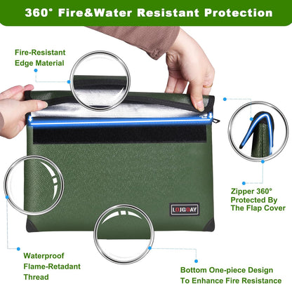 Waterproof Fireproof Document Bag - 5200°F with Heat Insulated, fireproof bags with Zipper, Fire Safe Envelope Bag for Cash/Important Documents/Valuables, fire proof money bag (Green, 13.9"x10.6")