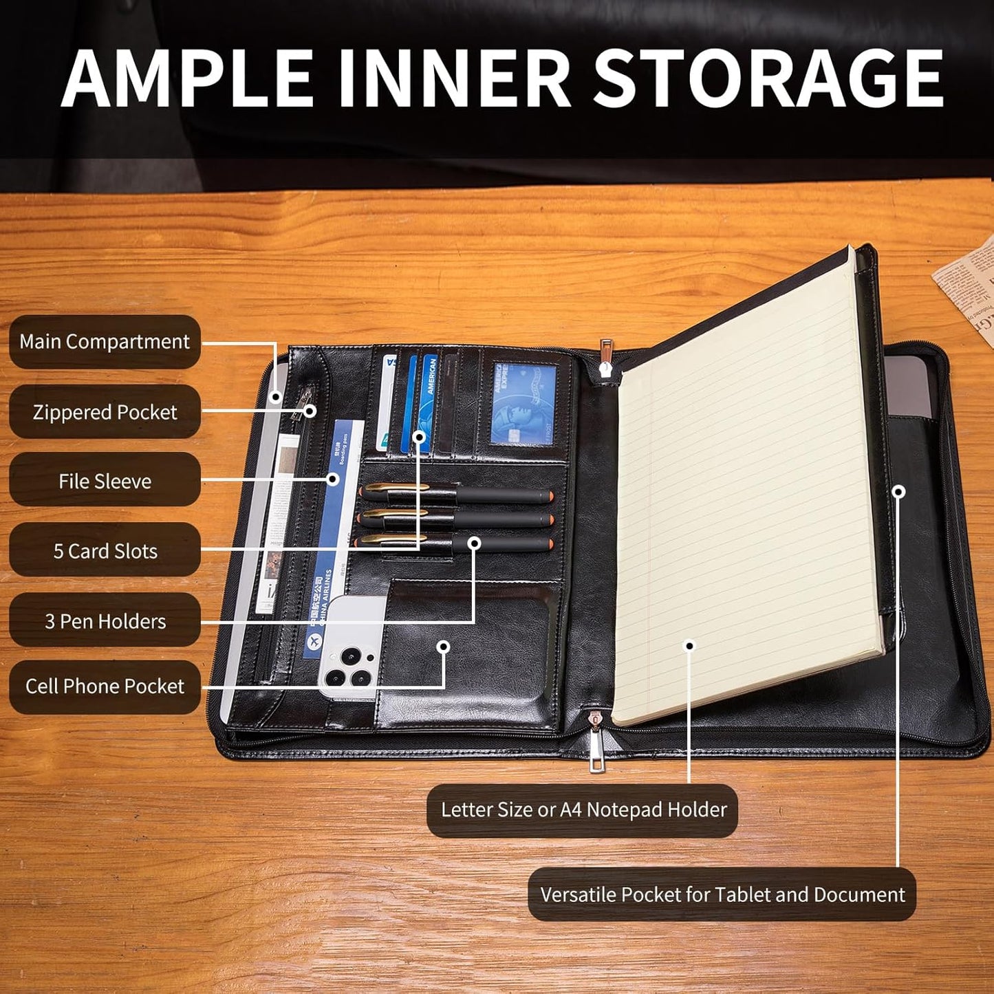 Vegan Leather Portfolio with Hidden Handle, Front Pocket, Business Padfolio Tablet/13” Laptop Organizer, Folio Document Cell Phone Holder, Professional Executive Folder, Black