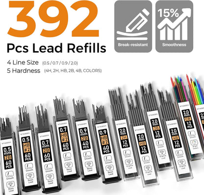 25PCS Art Mechanical Pencil Set, 3PCS Metal lead pencil 0.5, 0.7, 0.9, 2PCS 2mm Drawing Pencil (HB 2H 2B 4B Color) with 392PCS Graphite Leads, Eraser with Case for Drafting Drawing Writing