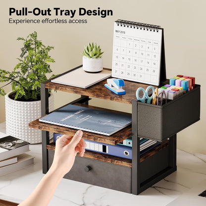 Desk Organizers and Accessories, 4-Tier Paper Letter Tray File Organizer with Fabric Drawer & 3 Pen Holder, Office Desk Accessories Workspace Desktop Organizer for Office Supplies, Rustic Brown