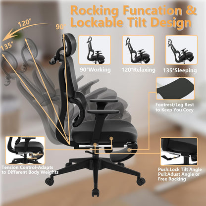 FLEXISPOT ErgoX-S Big and Tall Mesh Office Chair, Computer Desk Chair Adjustable Swivel with Footrest Lumbar Support Headrest and 360°Rotation for Home Office, Black Foam
