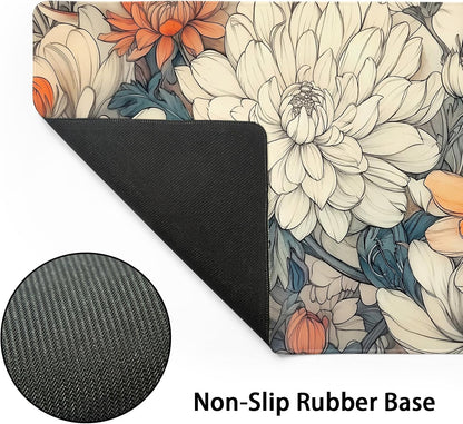 Minimalist Floral Gaming Mouse Pad XXL White Orange Aesthetic Flowers Japanese Extended Large Mat Mousepad Non-Slip Rubber Base Stitched Edge Keyboard Pad Playmat for Computer,35.4×15.7 Inch